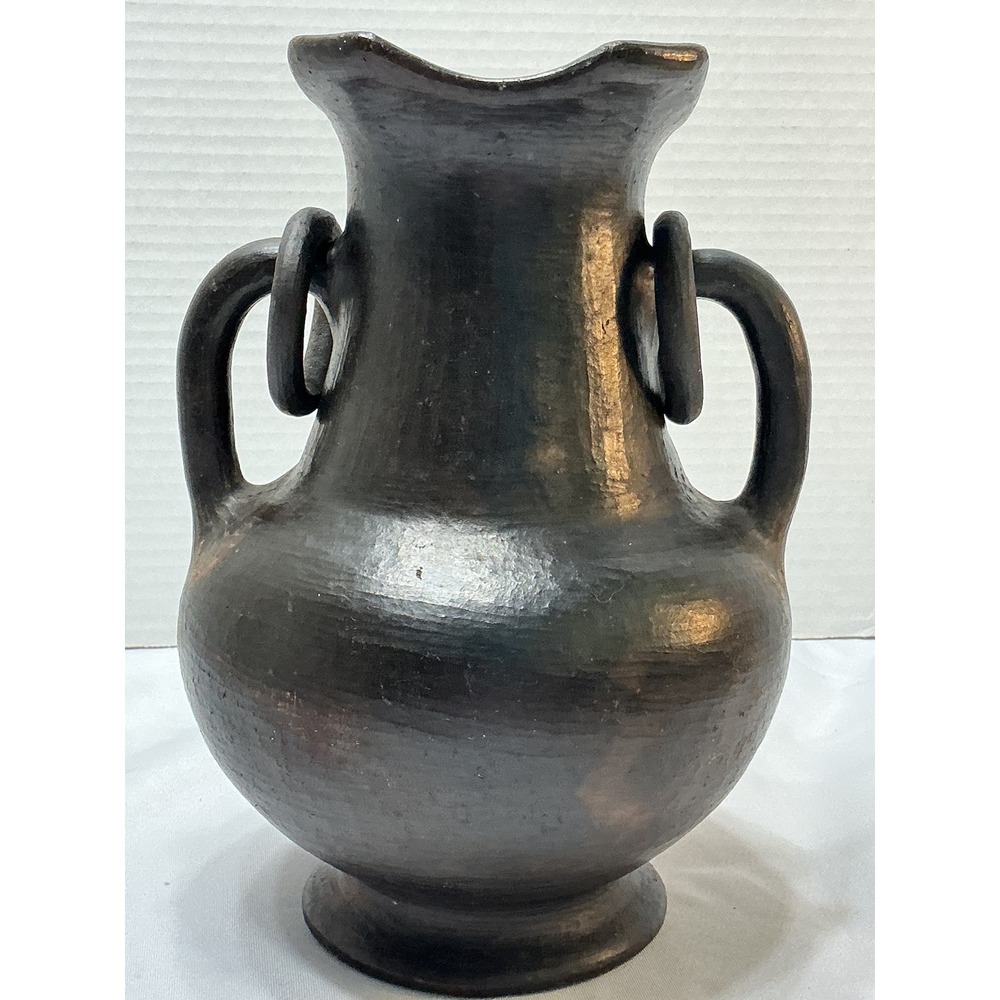 Handmade Black Clay Pottery Vase with Ring Handles and Lobed Rim Rustic Decor